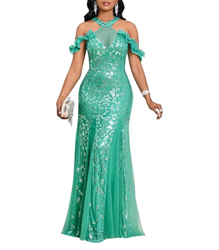Image of Cololura Women Sexy Sequin Halter Neck Short Sleeve Mesh Perspective Party Bodycon Evening Cocktail Maxi Dress