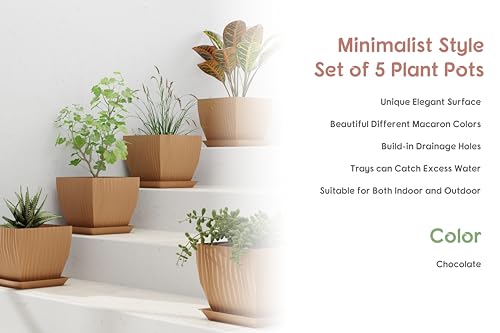 Image of ELUVIA 7-inch Square Planters with Saucers (Set of 5) - Modern Fluted Flower Pots with Drainage Holes and Trays - Premium Plastic Indoor Outdoor Plant Pots for Succulents, Flowers (Wooden)