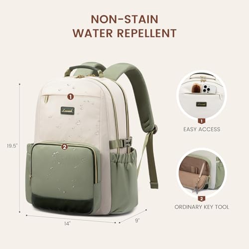 Image of LOVEVOOK Laptop Backpack for Women with Pouch Pocket for Large Capacity Cup,18 Inch Laptop Computer Bag Travel Backpack Purse,Waterproof Work College Teacher Bags,White-Bean Green-Dark Olive Green