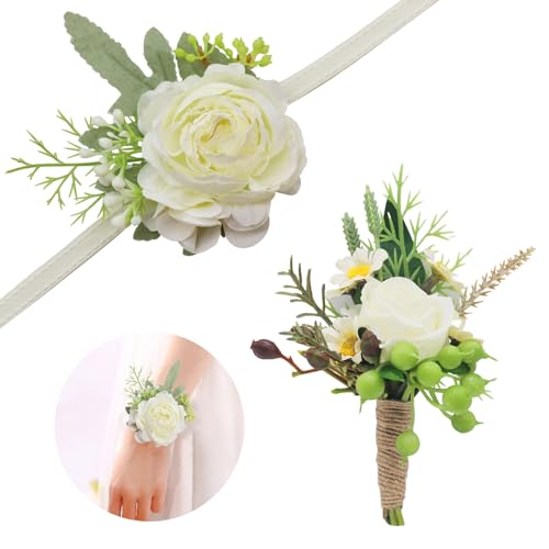CCUCKY Flor Artificial de Muñeca y Boutonniere, Ramilletes para Bodas, Aniversarios, Fiestas de Baile, Decoración de Banquetes (Blanco-B)