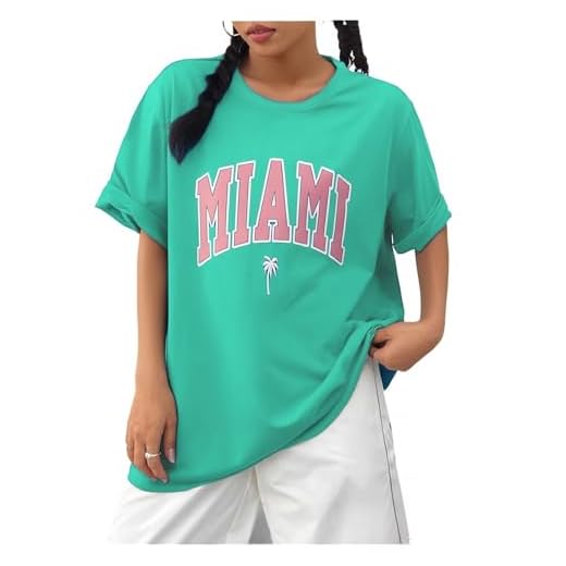 Verdusa Women's Loose Drop Shoulder Tree Miami Letter Graphic Oversized Longline Tee Shirt Tops Mint Green M