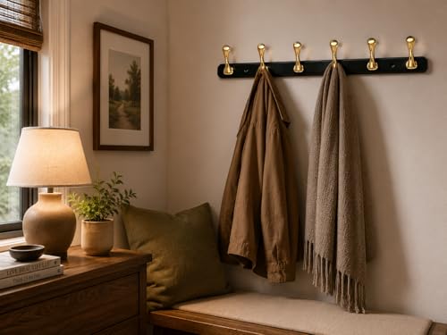 Image of ELUVIA Zinc Alloy 6 Pin Wall Hooks for Hanging Cloth and Towel Hangers for Wall Hook,Hook Rail Home Bathroom Kitchen & Bedroom (Pack of 1, Gold Black, 6 Hook)