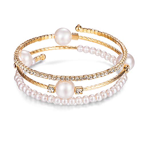Open Layered Simulated Pearl Wide Crystal Bracelet Multilayer Glaring Rhinestone Cuff Bangles Jewelry for Women Girls