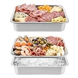 2 Set 14" x 10.4" Stainless Steel Chilled Serving Tray with Compartments Ice Chilled Tray Set for Parties Rectangle Veggie Platter Charcuterie Serving Board for Fruit Seafood Appetizer