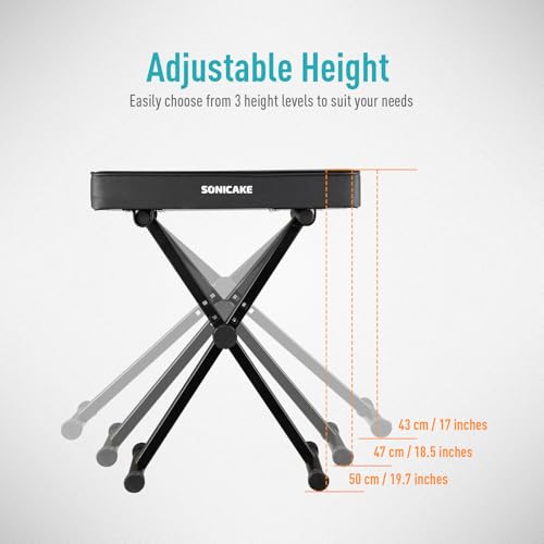 SONICAKE Klavierbank Höhenverstellbare, X-Rahmen Keyboardhocker mit 6cm Dicker Polsterung, faltbar & tragbar für Klavier, Orgel, Synthesizer Schwarz