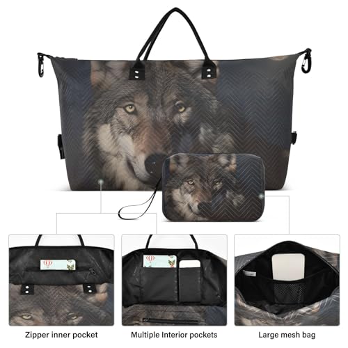 Large Travel Duffel Bag, Face Wolf and Brown Moon Sport Tote Gym Bag, Shoulder Weekender Overnight Bag for Women Men, Carry On Luggage with Toiletry Bag2
