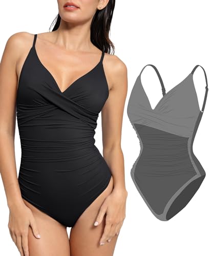 Popilush Swimsuit One Piece Tummy Control Ruched V Neck Bodysuit Push Up Padded Bathing Suits Black