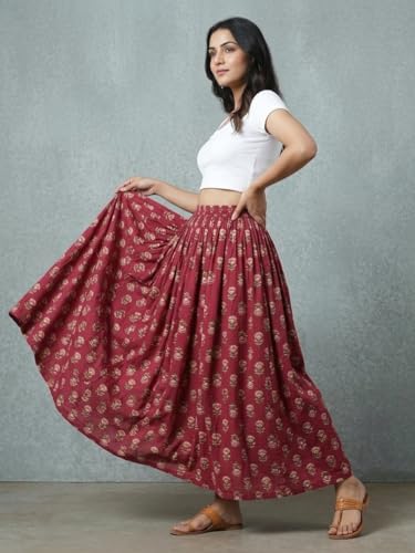 Image of Women's Floral Print Maxi Skirt, Maroon Red, 100% Pure Cotton, Elastic Waist, Full Length, Breathable Fabric