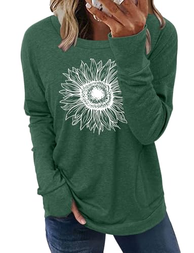 ONLYSHE Women's Crewneck T Shirts Long Sleeve Tees Sunflower Graphic Loose Tops Loose Workout Thumb Hole Tops,FloGreen,3X-Large