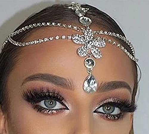 Missgrace Bohemian Women Bridal Dainty Shining Rhinestone Flower Head Chain Gold Silver Waterdrop Floral Head Chain Headband Headpiece Hair Jewelry Wedding Prom Party Halloween Hair Accessories for Women Girls (SILVER)