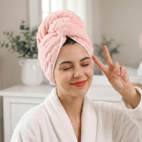 Image of REDKISS 4 Pack Extra Large Hair Towels - Microfiber Hair Towel Wrap for Women, 23 x 47 inches Hair Towels with Elastic Strap, Super Soft Hair Drying Towels for Long, Thick, Curly Anti Frizz Turbans
