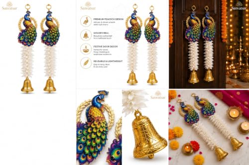 Image of Peacock Door Hanging Toran with White Flower Garland and Bell