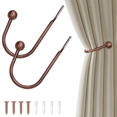 Curtain Tie Backs Hooks, 2 Pcs Curtains U-Shaped Hook Tie Backs Hooks for Curtains Wall Mounted Window Holder Hooks with Screws Curtain Holdbacks for Home Decor (Bronze)