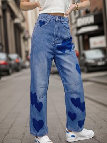 Baggy Jeans for Women Teen Girls High Waist Straight Ankle Leg Heart Print Y2K Boyfriend Jeans Trendy Loose 90s Mom Jeans3