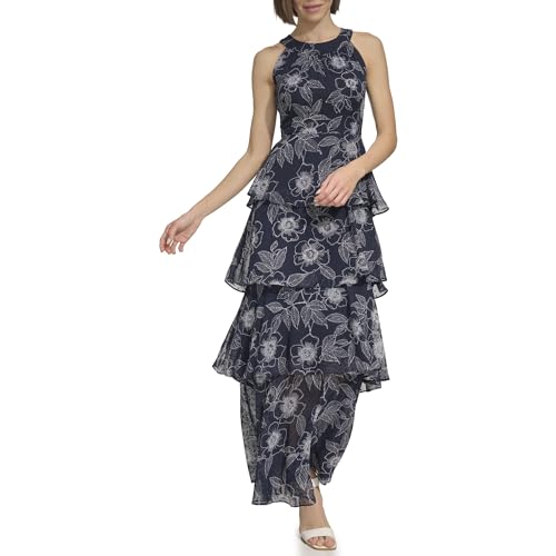 Tommy Hilfiger Womens Floral Tiered Maxi Dress Sky Captain/Ivory 6