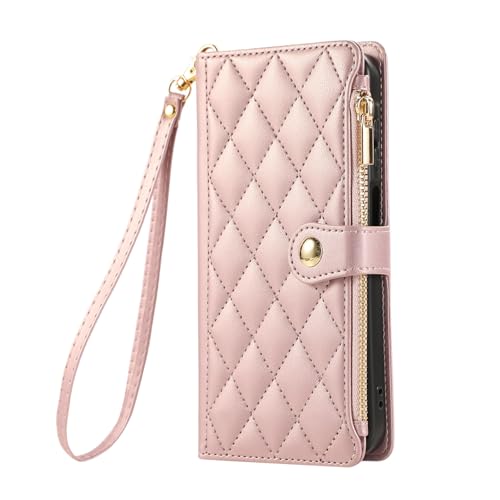 Sawiqpd for Motorola Moto G57 Phone Case, Zipper Wallet Cover Zip Pocket Magnetic Buckle Case Shockproof Leather Shell with 4 Card Slots Kickstand Flip Cover for Motorola Moto G57, Rose Gold