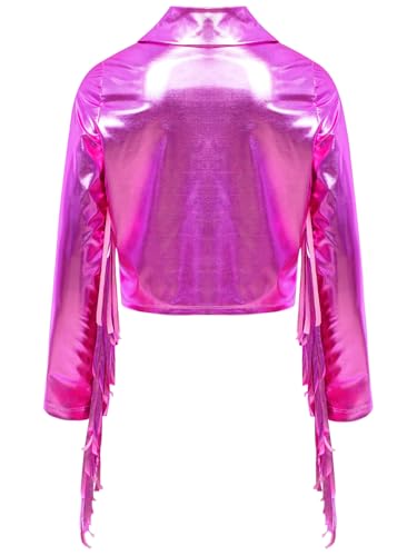 Kids Girls Fringe Long Sleeve Jacket Metallic Tassel Zipper PU Leather Jacket Shiny Sparkly Outwear Coat4