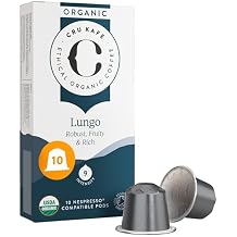 Cru Kafe Lungo Espresso Strong USDA Organic Espresso Coffee Capsules 10 Pods Fairtrade Coffee Pods Compatible with Nespresso Original Line and Pixie Machines