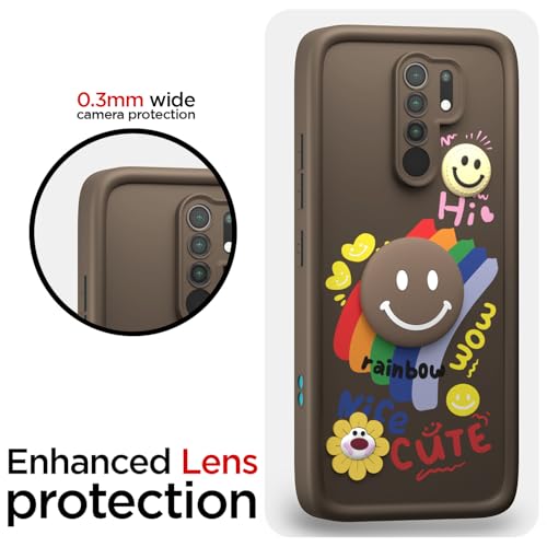 Image of Pikkme Back Cover for Redmi 9 Prime /Poco M2 | Soft Silicone| Cute Rainbow Smile & 3D Cartoon Flower Design | Shockproof Raised Camera Protection Bumper Case (Brown)
