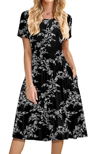 Image of DB MOON Women Summer Casual Short Sleeve Dresses Empire Waist Dress with Pockets