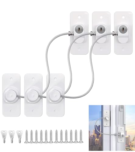 Image of 3Pcs Window Safety Lock, Child & Cat Proof Window Restrictor, No Drill Self-Adhesive or Screw Installation with Keys, Versatile Window Locks for Fridge, Cabinets & Pet-Proof Windows