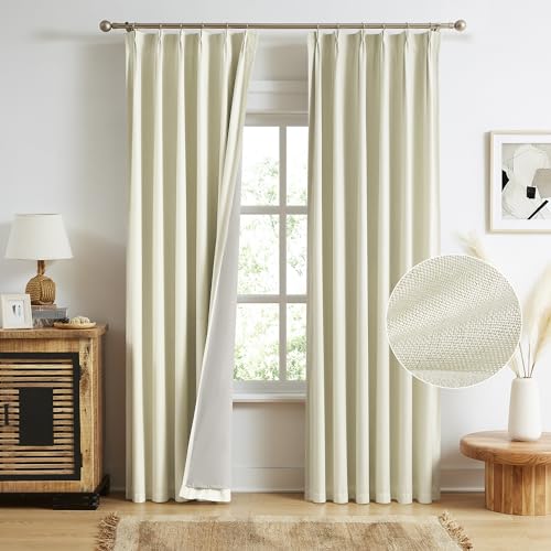MAIHER 90 Inches Long Full Blackout Pinch Pleat Curtains, Linen Look Cream Back Tab Curtains 2 Panels Set, Heat Saving Double Pleated Drapes for Bedroom Living Room, 40" W x 90" L
