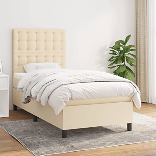 Willood Boxspringbett mit Matratze Creme 100x200 cm Stoff Knöpfe Hohes Kopfteil