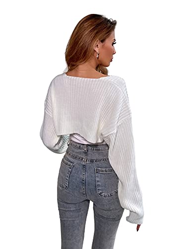 Shein Women's Long Sleeve Open Front Crop Cardigan Drop Shoulder Shrug Ribbed Knit Bolero Sweater White Medium #TOP1