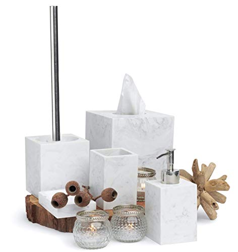 Kurrajong Farmhouse 5 Piece Bathroom Accessories Set Complete | Faux Marble and White Bathroom Accessory Set | Tissue Box, Toilet Brush, Soap Dish, Soap Dispenser, Toothbrush Holder - Image 6
