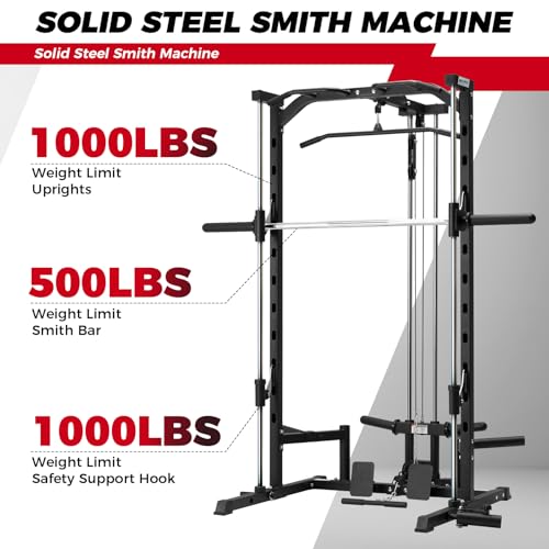 Image of RitFit Smith Machine Power Rack with LAT-Pull Down System, Landmine, Barbell Bar, Plate Storage Pegs and More Training Attachment