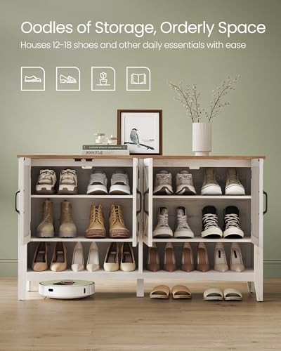 Image of VASAGLE LIRY Collection - Shoe Cabinet, 3-Tier Storage Organizer, Shoe Shelf, Farmhouse Freestanding Cabinet, Height-Adjustable Shelf, 13.8 x 47.2 x 27.6 Inches, Rustic White ULBC039W01