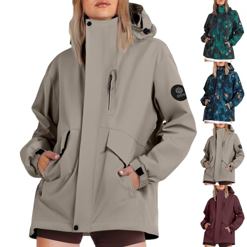 Womens Lightweight Waterproof Jacket Winter Rain Coats Ladies Breathable Hooded Coat Outdoor Wind Proof Warm Trench Coats Walking Windbreaker Sport Jackets Full-Zip Camouflage (Khaki, XXXXL)