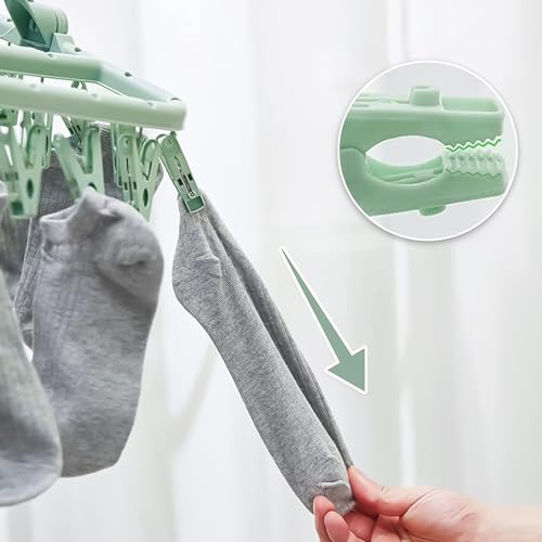 hautllaif Clothes Drying Hanger with 32 Clips, Foldable Design Multi-Functional Sock Dryer and Rotary Wind-sock hanger for washing line, Ideal Hanger for Socks, Underwear, Bras, Baby Clothes (Green) - Image 5