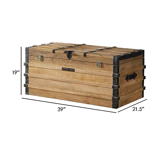 Benjara-39-Inch-Farmhouse-Storage-Trunk-Chest-Molded-Trim-Leather-Handles-Brown-and-Black Benjara 39 Inch Farmhouse Storage Trunk Chest Molded Trim Leather Handles Brown and Black