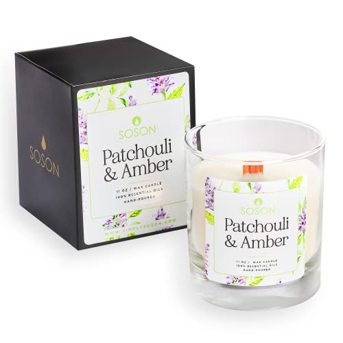 Simply Soson Amber & Patchouli Candle 1 Pack - 40 Hours | Crackle Wood Wick Candles For Home | Aromatherapy Candles For Home Scented Candles For House Warming Gifts Infused Patchouli Essential Oil #TOP10