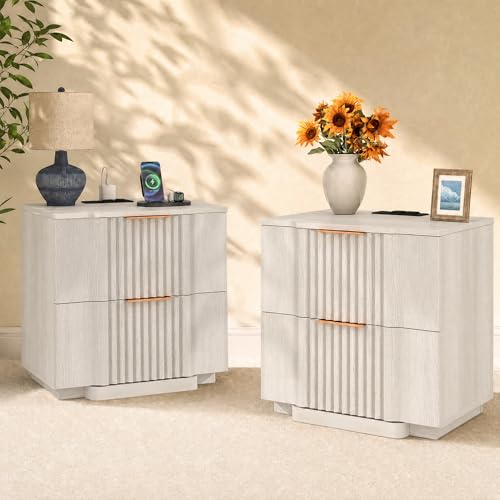 Yechen Fluted Nightstand Set of 2 with 20W Fast Charging Station, Large Wood Nightstand with 2 Drawers, Modern Wide Bedside Tables with Storage for Bedroom, White