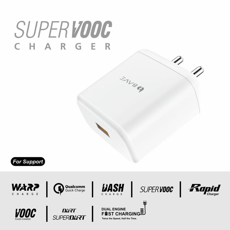 Image of BAVE 80W Supervooc Charger With Cable | USB-A Power Adapter | Fast Charging Wall Plug | Compatible With Oppo, OnePlus, Android Devices | Compact Travel Charger For Home & Office Use, White