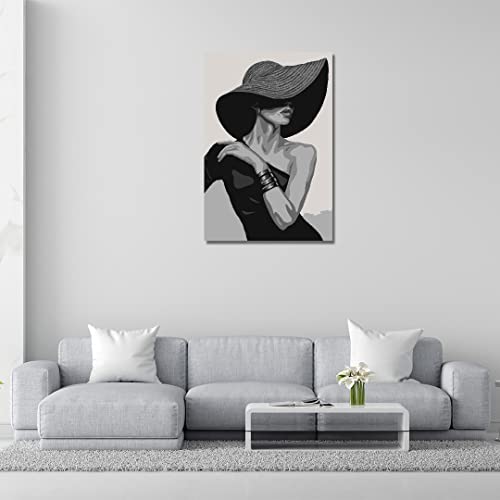 Image of RANGOLI 100% Cotton Stretched Canvas Painting 400 GSM, Framed Lady in Hat Abstract Wall Art for Living Room, 3D Paintings for Wall Decor (12 x 18 Inch With Frame)