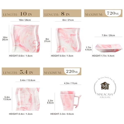 Image of MALACASA Dinnerware Sets, 30-Piece Pink Plates and Bowls Sets for 6, Porcelain Dinnerware Set with Plates and Bowls, Cups and Sacuers, Square Dish Set, Modern Dining Ware Set, Series Flora
