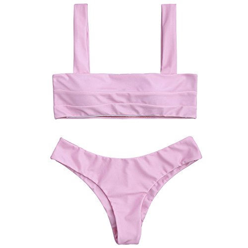 ZAFUL Women's Wide Straps Padded Bandeau Bikini Set (M, Pink)