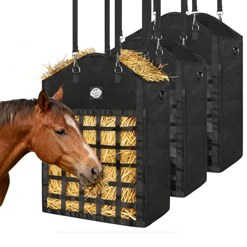 Hay Bag for Horse,Slow Feed Horse Hay Bags,3 Pcs Slow Feed 25” Hay Bag for Horses,Strong 2.4x2.4''Holes Goats, Cows & Donkeys,Easy Fill Large Opening for Ranch Farm Outdoor Feeding (3 Black)