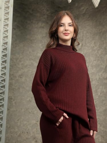 Image of Kvetoo Women Winter Coord Set Wool Blend High Neck Sweater and Wide Leg Pants Warm Tracksuit Pajama Set Two Piece Knitwear Travel Wear for Lounge Casual Office