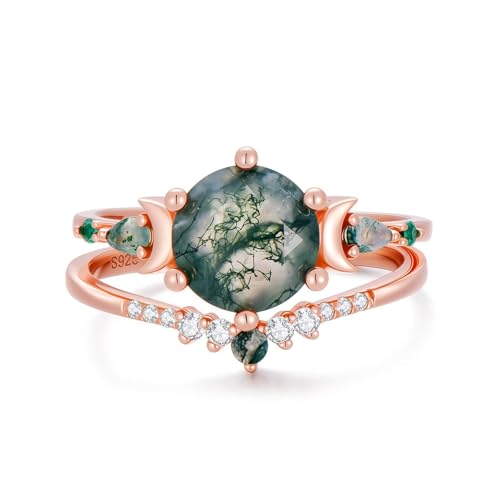 Natural Moss Agate Engagement Rings Set for Women 925 Sterling silver with plated 18k rose gold 2CT Round Green Moon Leaf Art Deco Bridal Wedding Ring Set2