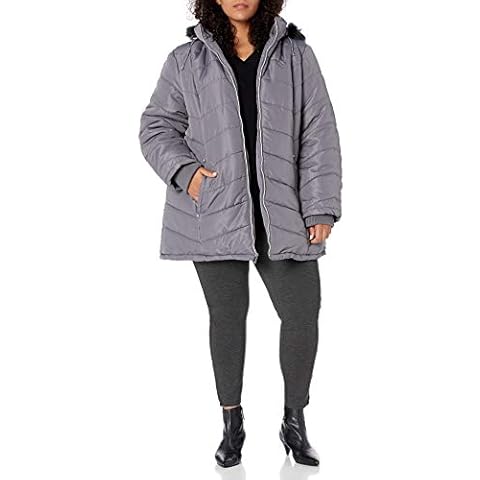 INTL d.e.t.a.i.l.s Women's Davie Thigh-Length Faux Fur Trimmed Winter Coat, Carbon Gray, L Cover