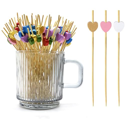 120 pcs 5.9 in long Mixed heart Bamboo Cocktail, Heart Toothpicks for Appetizers, Natural Bamboo Food Picks for Valentines Day,Propose Marriage,Wedding Party.