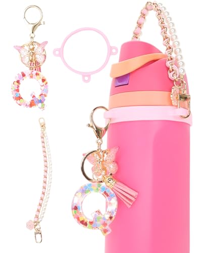 TOVICE Letter Accessories for Owala Water Bottle 24-40oz, 3PC Cute Initial Keychain & Water Bottle Handle Strap with a Thick Elastic Silicone Ring Holder