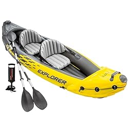 Intex Kayak Hinchable para Adultos Explorer K2 par...: Kayak hinchable Intex de la línea Explorer K2, diseñado para 2 personas (máximo 180 kg) con unas medidas de 312x91x51 cm, fabricado con vinilo resistente de primera calidad con un grosor de 0.75 mm Incorpora suelo hinchable con tecnología I Beam, 2 a...