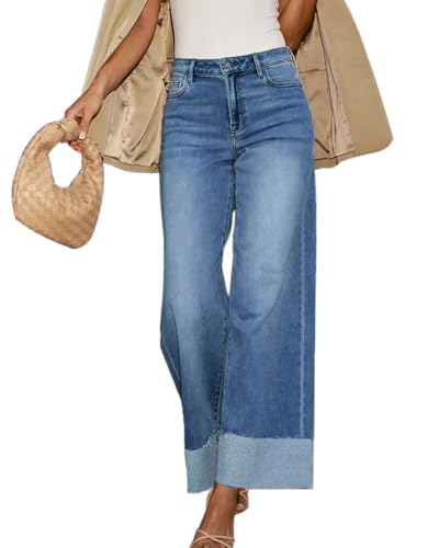Jyutia Women's High Rise Wide Leg Jeans Elastic Raw Hem Loose Fit Straight Leg Boyfriend Cuffed Jeans Trendy 2025 Mid Blue