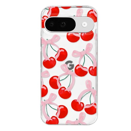 xoniery Compatible with Google Pixel 9/9 Pro Clear Non-Yellowing Case with Cute Cherry Pattern, Luxury Shockproof Protection for Google Pixel 9/9 Pro Case for Women Girls-Red Pink