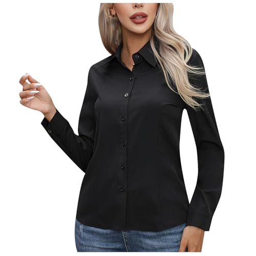 Camisa de mujer con botones, casual, de un solo color, de manga larga, con solapa, blusa para mujer, ajuste clásico, para trabajo, oficina, elegante y formal, blusas básicas ligeras, Negro 1, S